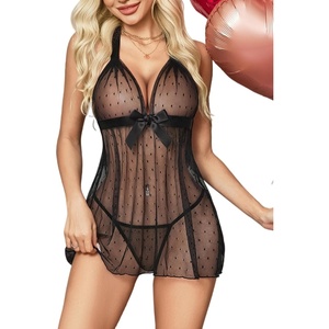 Avidlove Lingerie for Women Lace Babydoll Chemise Negligees Sexy Exotic Nightgowns Halter Nighties Sheer Mesh Nightwear(Black Polka Dot)