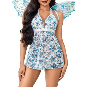 Avidlove Lingerie for Women Lace Babydoll Chemise Negligees Sexy Exotic Nightgowns Halter Nighties Sheer Mesh Nightwear(Blue Flower)