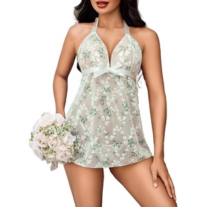 Avidlove Lingerie for Women Lace Babydoll Chemise Negligees Sexy Exotic Nightgowns Halter Nighties Sheer Mesh Nightwear(Green Flower)