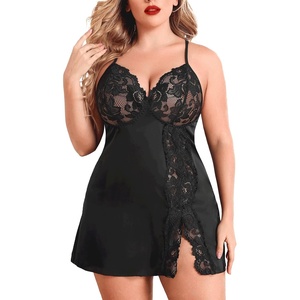 Avidlove Plus Size Lingerie For Women Sexy Satin Nightgown Lace Babydoll Side Slit Strappy Chemise Nightwear(Black)