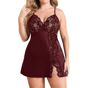 Avidlove Plus Size Lingerie For Women Sexy Satin Nightgown Lace Babydoll Side Slit Strappy Chemise Nightwear(Dark Red)