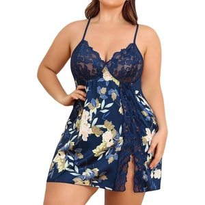 Avidlove Plus Size Lingerie For Women Sexy Satin Nightgown Lace Babydoll Side Slit Strappy Chemise Nightwear(Floral Navy)