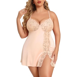 Avidlove Plus Size Lingerie For Women Sexy Satin Nightgown Lace Babydoll Side Slit Strappy Chemise Nightwear(Light Champagne)