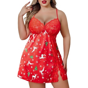 Avidlove Plus Size Lingerie For Women Sexy Satin Nightgown Lace Babydoll Side Slit Strappy Chemise Nightwear(Santa Red)