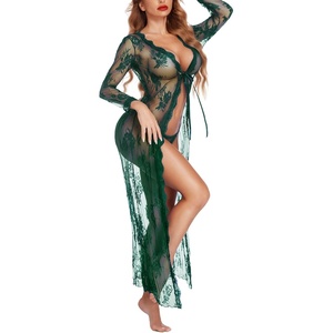 Avidlove Sexy Lace Robe for Women Lingerie Bridal Lace Babydoll Robe Lingerie Sheer Wedding Gown(Dark Green)
