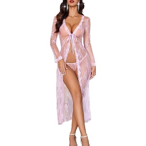 Avidlove Sexy Lace Robe for Women Lingerie Bridal Lace Babydoll Robe Lingerie Sheer Wedding Gown(Dark Pink)