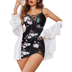Avidlove Sexy Lingerie for Women Lace Babydoll V-Neck Modal Nightgown | Side Slit lingerie nightgowns for women Full Slip Babydoll Dresses(Black Flower)