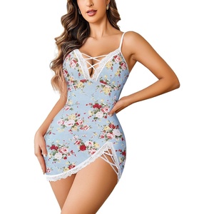 Avidlove Sexy Lingerie for Women Lace Babydoll V-Neck Modal Nightgown | Side Slit lingerie nightgowns for women Full Slip Babydoll Dresses(Blue Floral)