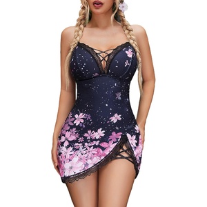 Avidlove Sexy Lingerie for Women Lace Babydoll V-Neck Modal Nightgown | Side Slit lingerie nightgowns for women Full Slip Babydoll Dresses(Cherry Blossoms)