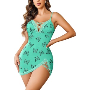 Avidlove Sexy Lingerie for Women Lace Babydoll V-Neck Modal Nightgown | Side Slit lingerie nightgowns for women Full Slip Babydoll Dresses(Green-butterfly)