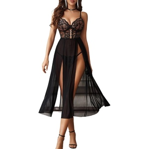 Avidlove Sexy Lingerie for Women Lace Mesh Babydoll Sleepwear Side Split V Neck Nightgown for Honeymoon Anniversaries(A-black)