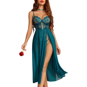 Avidlove Sexy Lingerie for Women Lace Mesh Babydoll Sleepwear Side Split V Neck Nightgown for Honeymoon Anniversaries(Blue Green)