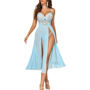 Avidlove Sexy Lingerie for Women Lace Mesh Babydoll Sleepwear Side Split V Neck Nightgown for Honeymoon Anniversaries(Light Blue)