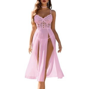 Avidlove Sexy Lingerie for Women Lace Mesh Babydoll Sleepwear Side Split V Neck Nightgown for Honeymoon Anniversaries(Pink)