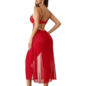 Avidlove Sexy Lingerie for Women Lace Mesh Babydoll Sleepwear Side Split V Neck Nightgown for Honeymoon Anniversaries(Red)