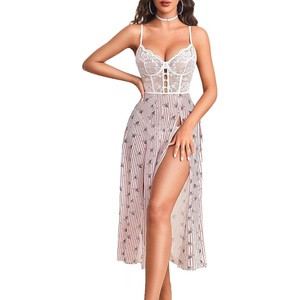 Avidlove Sexy Lingerie for Women Lace Mesh Babydoll Sleepwear Side Split V Neck Nightgown for Honeymoon Anniversaries(Usa Flag)