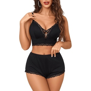 Avidlove Sexy Pajamas V Neck Womens Pajama Sets Shorts Lace Trim Cami Pj Set 2 piece PJS Lingerie Sleepwear(Black)