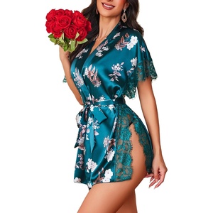 Avidlove Women Lingerie Robe Satin Sleepwear Eyelash Lace Kimono Side Split Sexy Silk Robes(Green Flowers)