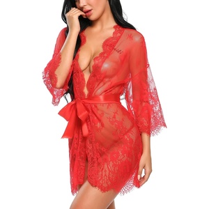 Avidlove Women’s Lace Kimono Robe Babydoll Lingerie Mesh Nightgown S-5XL(Red)