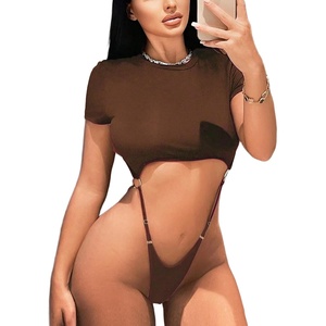 Avidlove Women’s Sexy Cut Out Lingerie Bodysuit Short Sleeve Tshirt Body Suits Slim Fit Crew Neck Crop Tops(Brown)