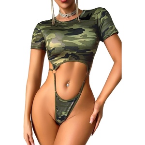 Avidlove Women’s Sexy Cut Out Lingerie Bodysuit Short Sleeve Tshirt Body Suits Slim Fit Crew Neck Crop Tops(Camo)
