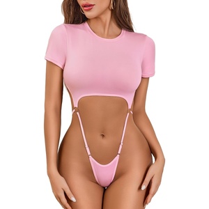 Avidlove Women’s Sexy Cut Out Lingerie Bodysuit Short Sleeve Tshirt Body Suits Slim Fit Crew Neck Crop Tops(Pink)