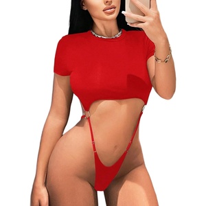 Avidlove Women’s Sexy Cut Out Lingerie Bodysuit Short Sleeve Tshirt Body Suits Slim Fit Crew Neck Crop Tops(Red)