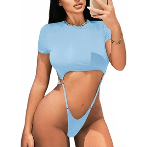 Avidlove Women’s Sexy Cut Out Lingerie Bodysuit Short Sleeve Tshirt Body Suits Slim Fit Crew Neck Crop Tops(Sky Blue)