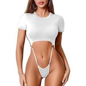 Avidlove Women’s Sexy Cut Out Lingerie Bodysuit Short Sleeve Tshirt Body Suits Slim Fit Crew Neck Crop Tops(White)