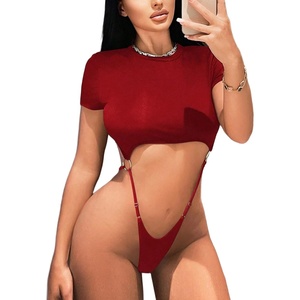 Avidlove Women’s Sexy Cut Out Lingerie Bodysuit Short Sleeve Tshirt Body Suits Slim Fit Crew Neck Crop Tops(Wine Red)