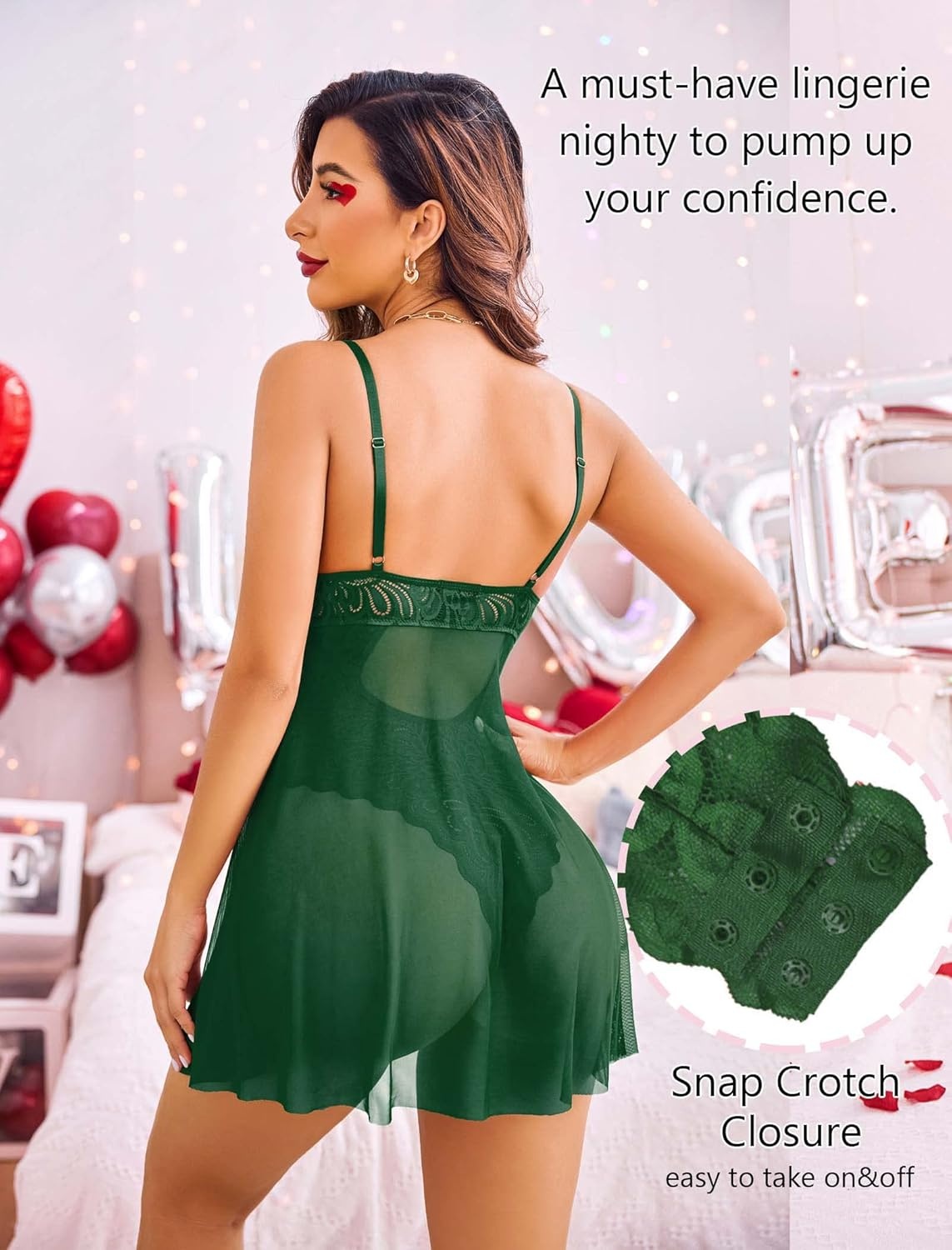 image:imageAvidlove Babydoll Lingerie for Women Floral Snap Crotch Teddy Chemise Nightie Lace NightgownGreen