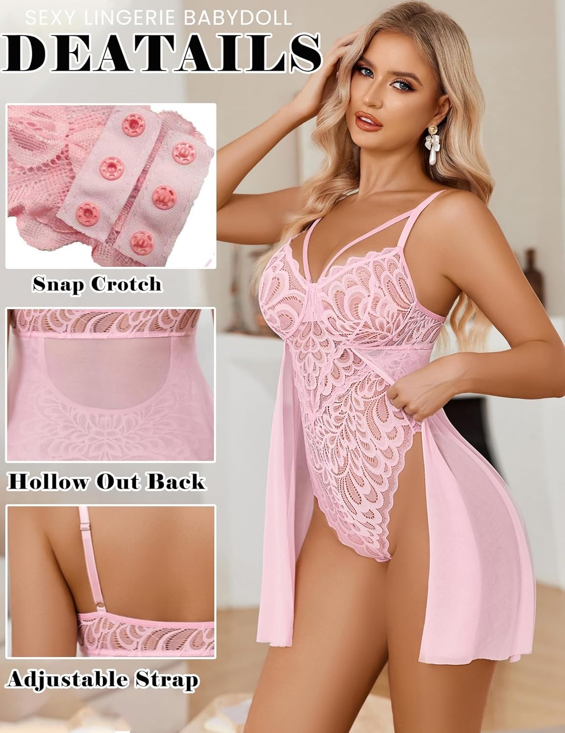 image:imageAvidlove Babydoll Lingerie for Women Floral Snap Crotch Teddy Chemise Nightie Lace NightgownPink