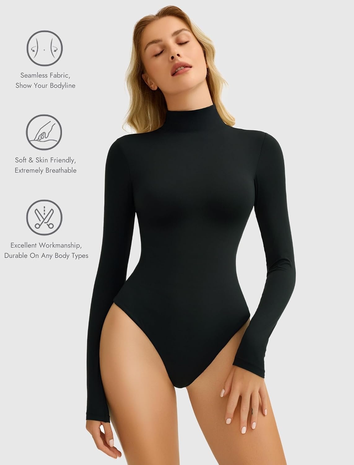 image:imageAvidlove Bodysuits for Women High Neck Long Sleeve Body Suits Snap Closure Double Lined Mock Neck Bodysuit SoftBlack