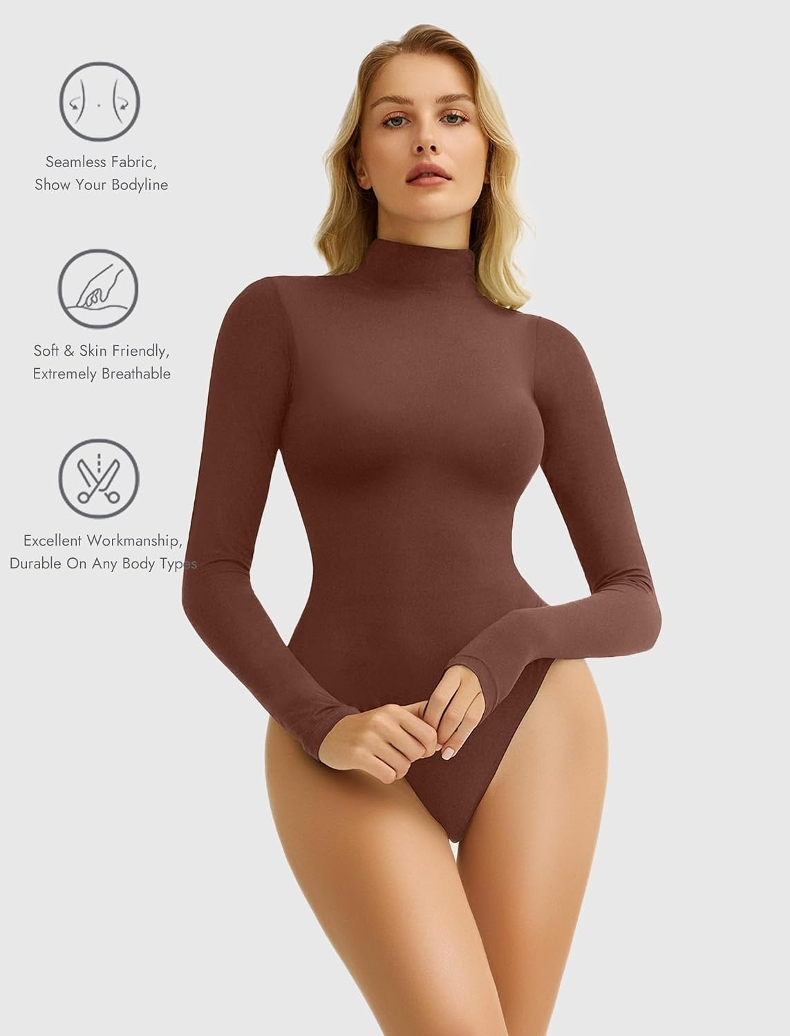 image:imageAvidlove Bodysuits for Women High Neck Long Sleeve Body Suits Snap Closure Double Lined Mock Neck Bodysuit SoftBrown