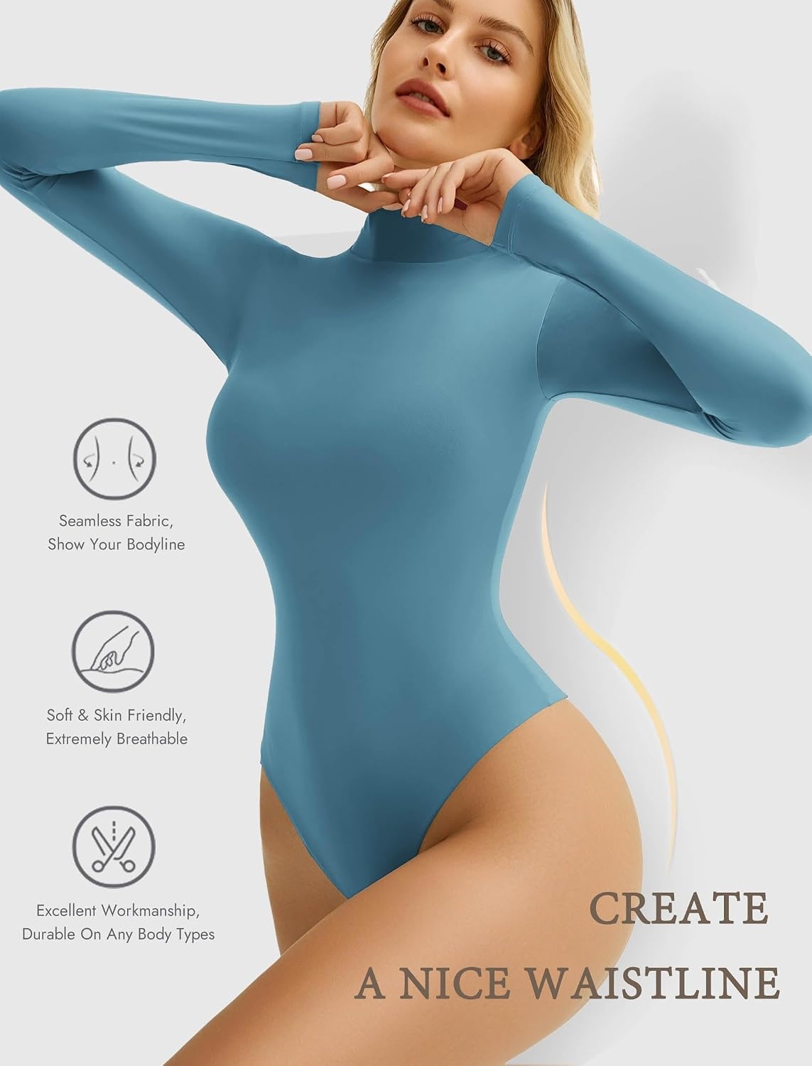 image:imageAvidlove Bodysuits for Women High Neck Long Sleeve Body Suits Snap Closure Double Lined Mock Neck Bodysuit SoftDark Blue