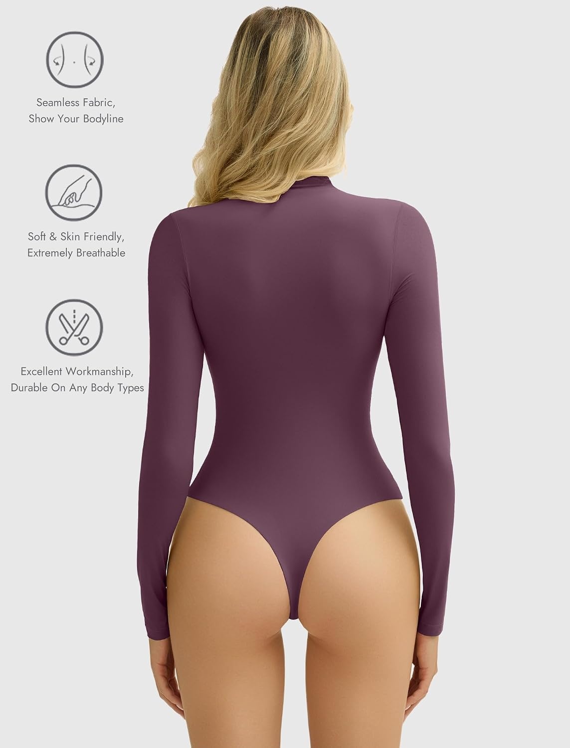 image:imageAvidlove Bodysuits for Women High Neck Long Sleeve Body Suits Snap Closure Double Lined Mock Neck Bodysuit SoftDark Purple