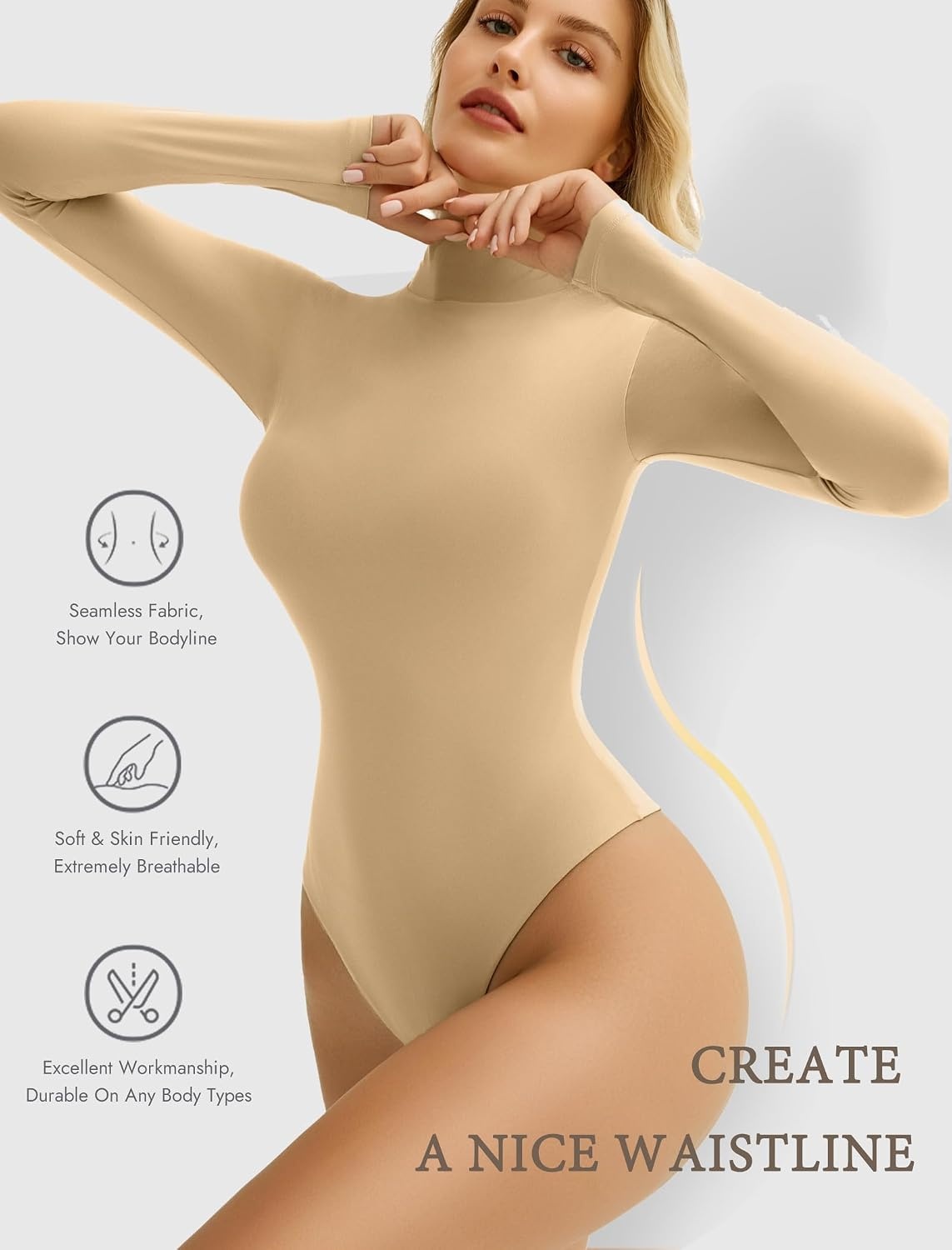 image:imageAvidlove Bodysuits for Women High Neck Long Sleeve Body Suits Snap Closure Double Lined Mock Neck Bodysuit SoftKhaki