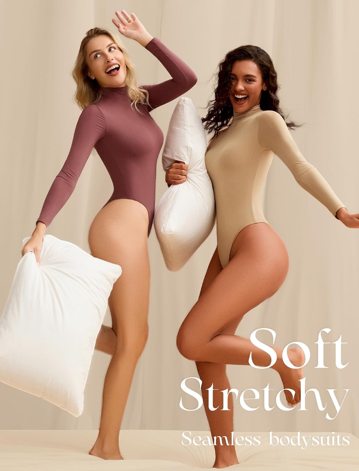 image:imageAvidlove Bodysuits for Women High Neck Long Sleeve Body Suits Snap Closure Double Lined Mock Neck Bodysuit SoftKhaki