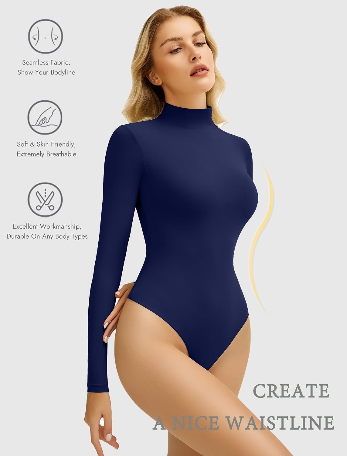 image:imageAvidlove Bodysuits for Women High Neck Long Sleeve Body Suits Snap Closure Double Lined Mock Neck Bodysuit SoftNavy Blue