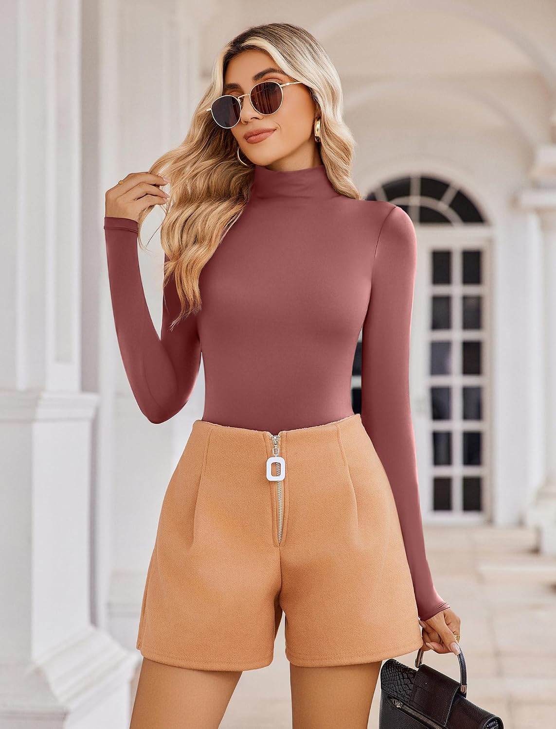 image:imageAvidlove Bodysuits for Women High Neck Long Sleeve Body Suits Snap Closure Double Lined Mock Neck Bodysuit SoftPurple Red