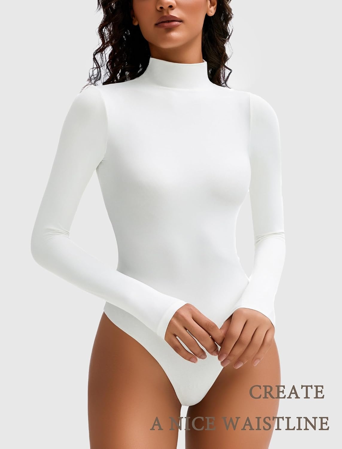 image:imageAvidlove Bodysuits for Women High Neck Long Sleeve Body Suits Snap Closure Double Lined Mock Neck Bodysuit SoftWhite