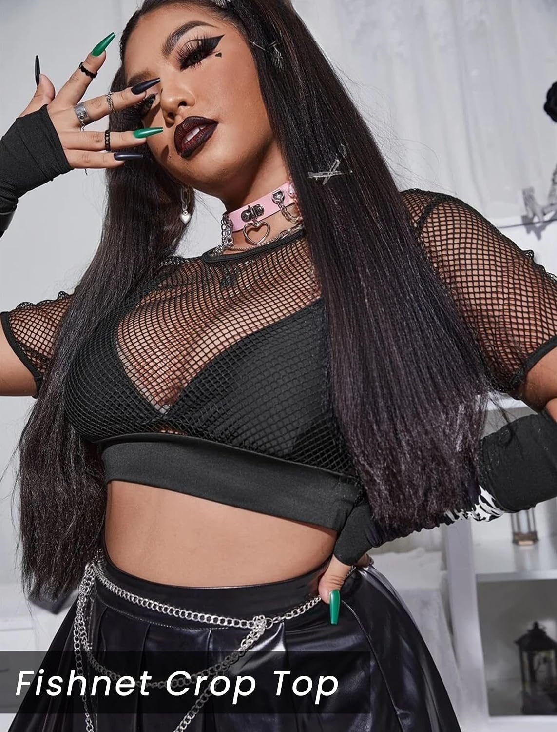 image:imageAvidlove Fishnet Crop Top for Women Y2K Short Sleeve See Through Shirt O Neck Pullover BlouseBlack