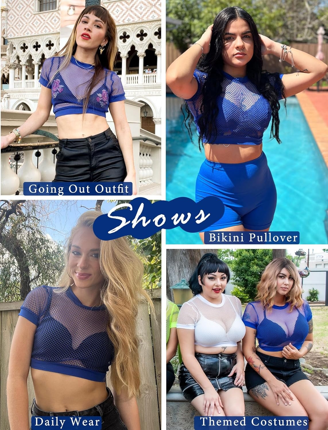 image:imageAvidlove Fishnet Crop Top for Women Y2K Short Sleeve See Through Shirt O Neck Pullover BlouseBlue