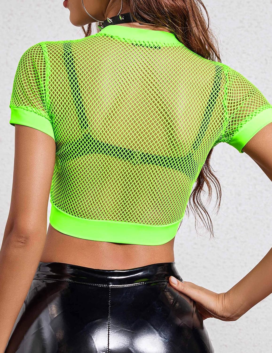 image:imageAvidlove Fishnet Crop Top for Women Y2K Short Sleeve See Through Shirt O Neck Pullover BlouseBneon Green