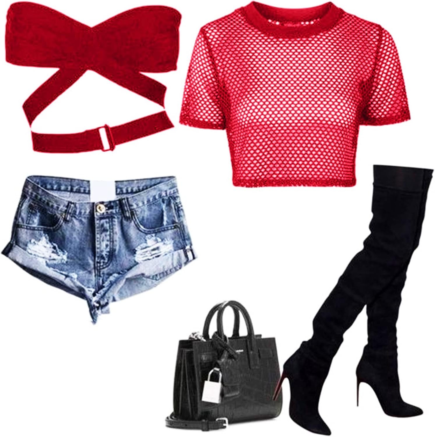 image:imageAvidlove Fishnet Crop Top for Women Y2K Short Sleeve See Through Shirt O Neck Pullover BlouseRed