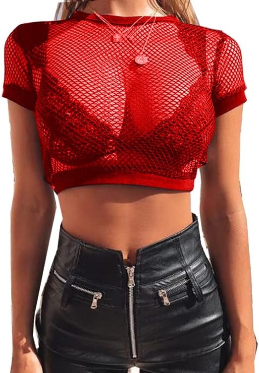 image:imageAvidlove Fishnet Crop Top for Women Y2K Short Sleeve See Through Shirt O Neck Pullover BlouseRed