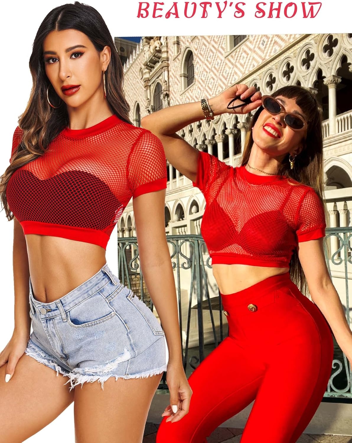 image:imageAvidlove Fishnet Crop Top for Women Y2K Short Sleeve See Through Shirt O Neck Pullover BlouseRed