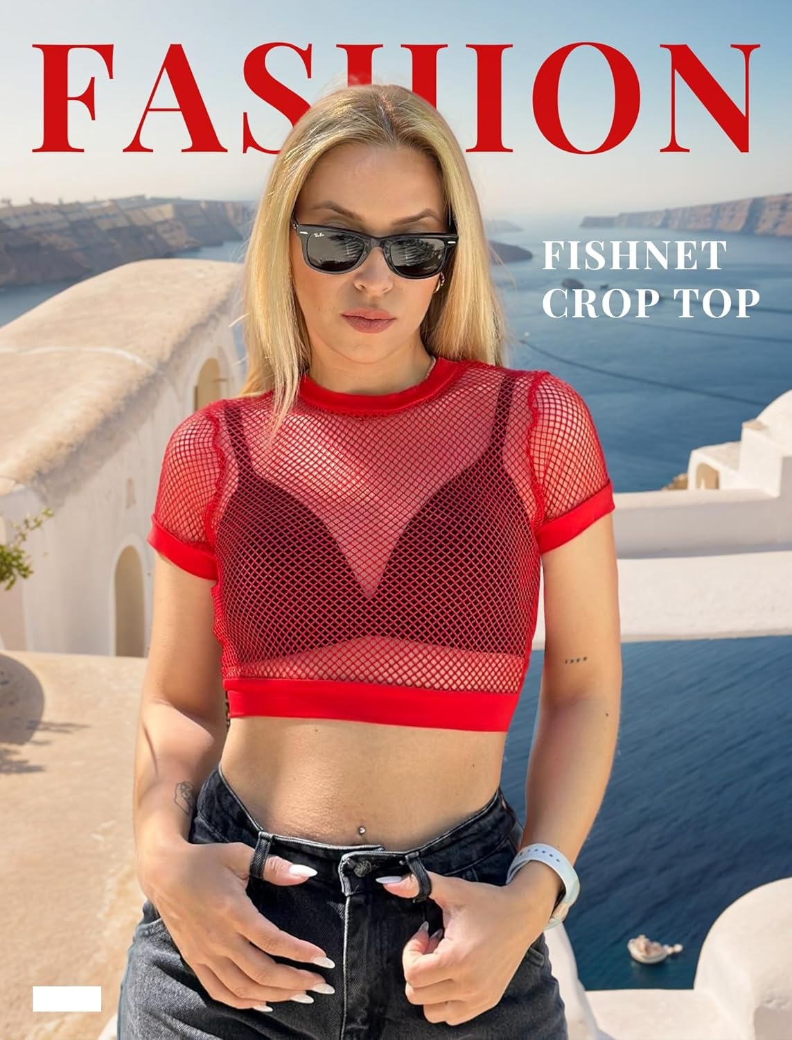image:imageAvidlove Fishnet Crop Top for Women Y2K Short Sleeve See Through Shirt O Neck Pullover BlouseRed