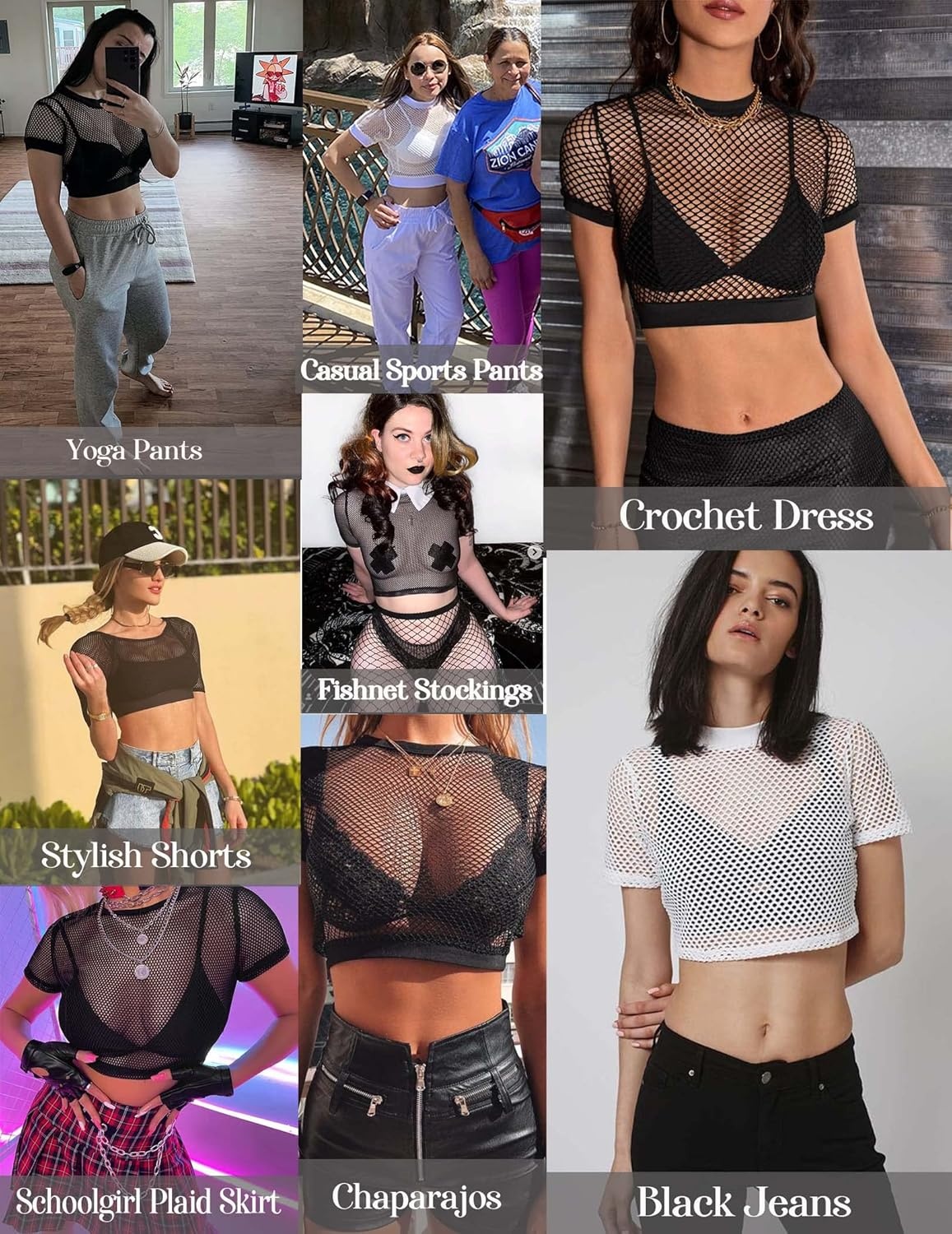 image:imageAvidlove Fishnet Crop Top for Women Y2K Short Sleeve See Through Shirt O Neck Pullover BlouseWhite
