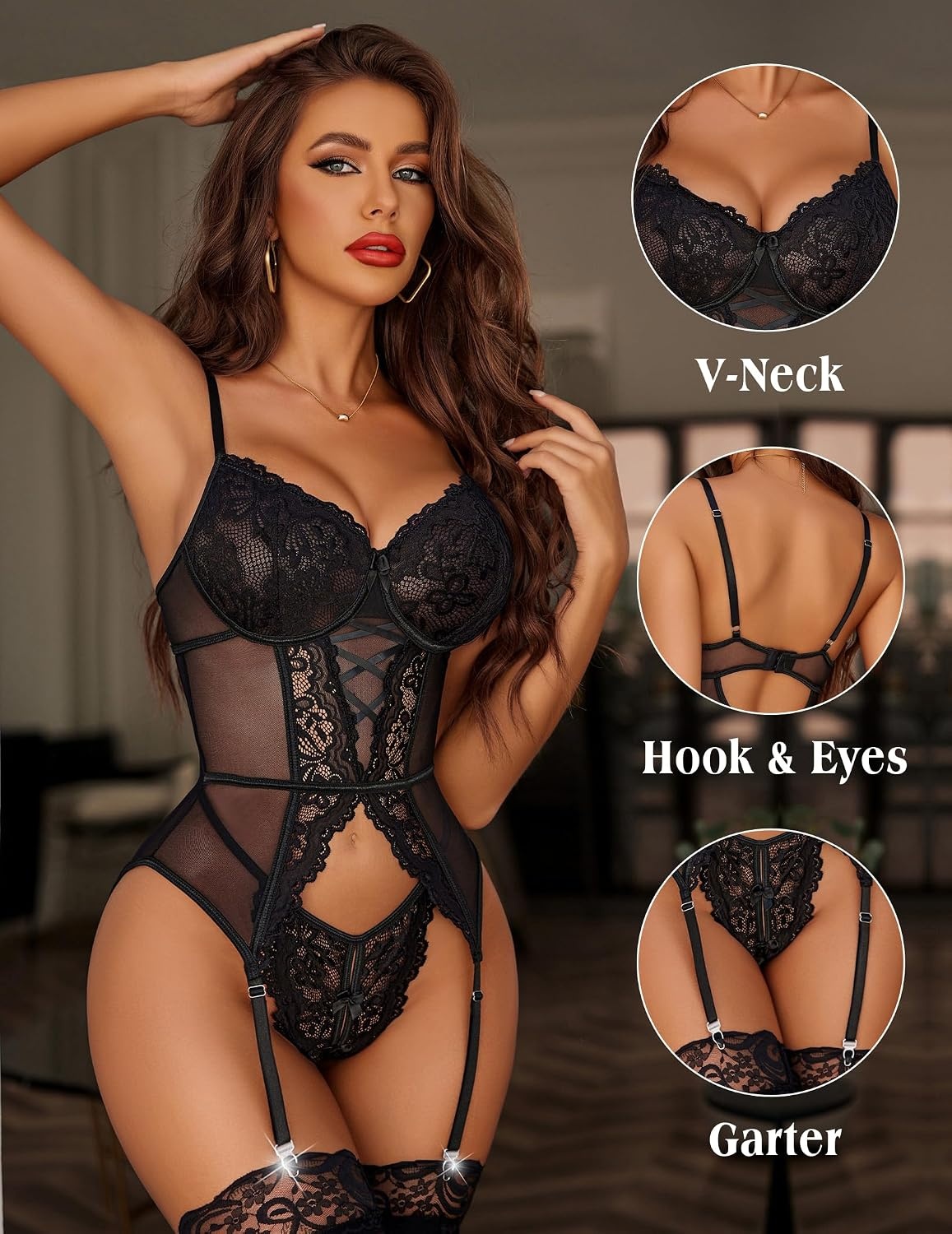 image:imageAvidlove Garter Lingerie for Women Floral Lace Babydoll Bodysuit Bra and Panty SetBlack